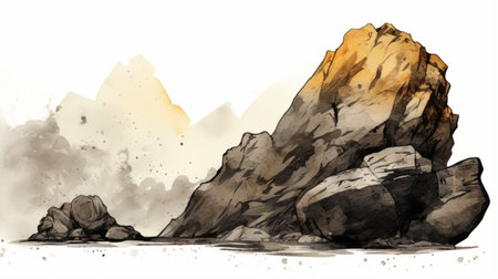 two large rocks are depicted in this watercolor illustration, showcasing a unique style of light black and amber colors. the artwork is inspired by deconstructed landscapes and features clean and sharp inking. the panoramic scale of the illustration adds to its evocative environmental portrait, all created using unreal engine 5. ai generatedの素材