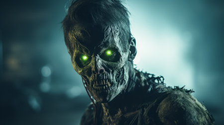zombies, resembling futuristic robots, emerge on the desolate streets of the dead. captured with a nikon d750, this portrait showcases their skeletal features, bathed in soft lighting. with a color palette of green and bronze, these haunting figures evoke a strong facial expression, reminiscent of characters from dc comics. ai generatedの素材