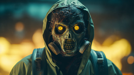 zombie horror scene captured with a nikon d750, featuring detailed costumes and strong facial expressions. rendered in cinema4d, the photo showcases a cyberpunk-inspired imagery with a color palette of yellow and bronze, complemented by dark navy and light green tones. watch the full video on youtube for a thrilling experience. ai generatedの素材
