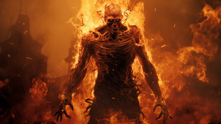 a figure dressed in black stands amidst raging flames, reminiscent of hellish landscapes found in necronomicon illustrations. this surreal scene, rendered using unreal engine, showcases a dark orange and light brown color palette. the photo captures supernatural creatures with realistic hyper-detail, evoking a sense of otherworldly power and intensity. ai generatedの素材