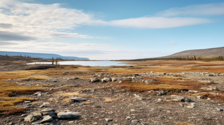 norwegian nature ad featuring desolate landscapes captured with the tokina at-x 11-16mm f/2.8 pro dx ii lens. the image showcases a light sky-blue and light maroon color palette, highlighting isolated landscapes. the photo is characterized by a combination of yellow and silver tones, creating a serene atmosphere. shot on fujifilm pro 400h film. ai generatedの素材