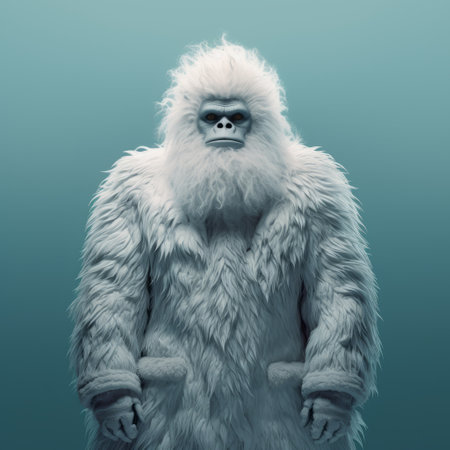 a white snowball fursuit, reminiscent of martin stranka's style, stands on a vibrant blue background. this hyper-detailed rendering captures the essence of stanley kubrick's monochrome portraits. with a touch of junglepunk, the fursuit appears to be made of mist, adding to its ethereal beauty. the snowball's gigantic scale adds a sense of awe and wonder to the overall composition. ai generatedの素材