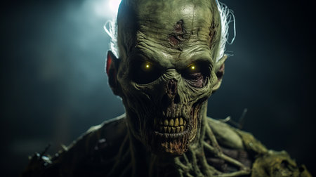 an orange zombie with a flashlight gazes into the darkness. rendered in unreal engine, this hyper-detailed and realistic image showcases dark green hues and features skull motifs. the close-up shots highlight the intricate hard surface modeling by peter coulson. ai generatedの素材