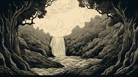 an illustration capturing the essence of nature's beauty, featuring a majestic waterfall cascading gracefully behind a lush forest and a solitary tree. this monochromatic landscape artwork showcases dramatic atmospheric perspective, reminiscent of chiaroscuro woodcuts. with intricate storytelling and precisionist art techniques, it presents an impressive panorama that transports viewers into a serene and enchanting world. ai generatedの素材