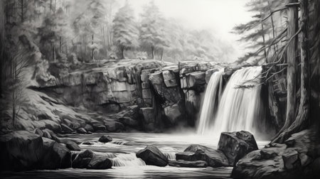 a black and white drawing of a waterfall, inspired by the style of kevin hill. this realistic landscape captures the soft, tonal colors and naturalistic atmosphere. the detailed painting showcases the beauty of the waterfall, reminiscent of the hudson river school. shot with a nikon af600 and sony alpha a1, this artwork is a stunning depiction of nature's tranquility. ai generatedの素材