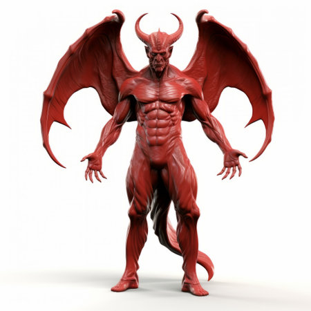 a 3d model of a demon, a humanoid creature, is depicted in this photo. the demon is designed in a light red color, giving it a striking appearance. the figure is isolated, emphasizing its powerful symbolism. the photo has a matte finish, enhancing the polished metamorphosis of the demon. the level of detail is hyper-realistic, showcasing the bold yet graceful nature of the creature. aiの素材