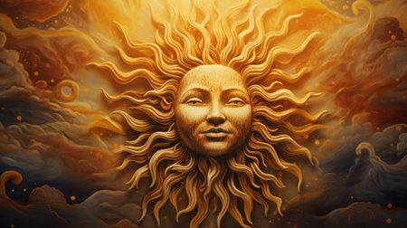 the photo showcases a stunning art piece featuring a golden sun in the sky surrounded by clouds that form an abstract face. created in the intricate style of zbrush, this richly detailed art nouveau sculpture captures the essence of realism. the terracotta tones and the play of golden light add depth to the portrait, which beautifully portrays supernatural creatures. ai generatedの素材