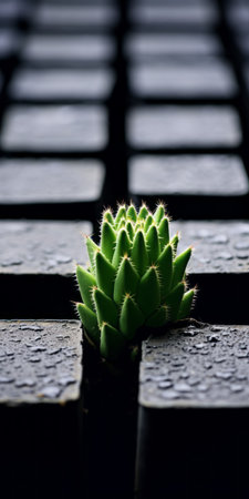 a cactus is seen growing on a bed of black shingle in this tabletop photograph. the image showcases visually tactile surfaces and sustainable design. captured with a voigtlander bessa r2m camera, the dark gray and black tones create a soft focus effect. ai generatedの素材