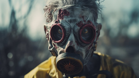zombie man wearing gas masks stands in a field, captured in intense close-ups. the dark yellow and light gray tones add to the eerie atmosphere. this street style realism photograph, taken with a ricoh gr iii, showcases the colorized details. the tabletop photography technique enhances the 32k uhd resolution. ai generatedの素材