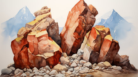three red rocks, stacked in a realistic watercolor style, create detailed and layered compositions. with a whistlerian touch, the rocks showcase a combination of light gray and amber hues. the realist detail and use of naturalistic materials make these rocks stand out against the spectacular backdrops they are placed in. ai generatedの素材