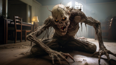 a horror 3d devil creature lurks in the basement, captured in a national geographic photo. the image showcases subtle, earthy tones and is rendered in unreal engine. this tabletop photography piece captures suburban ennui and features tangled nests. with edgy political commentary, it creates a captivating and eerie atmosphere. ai generatedの素材