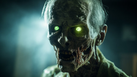 the zombie, with its piercing green eyes, gazes intensely at the door. this hyperrealistic photo captures the intricate details of the undead creature, enhanced by the precision of rtx technology. softbox lighting adds depth and texture, while the close-up perspective intensifies the eerie atmosphere. the glowing lights create a captivating contrast, reminiscent of the grandparentcore aesthetic. this image could easily grace the pages of nationalの素材