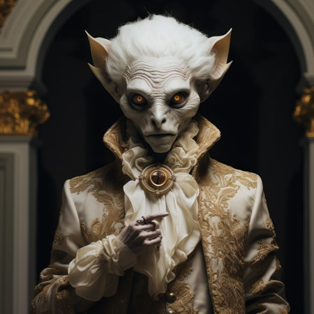 the photo features "the mummy," a vampire knight from the series "pre des garde" by claude frisbet. inspired by the style of bella kotak, the image showcases a baroque animal motif with elements reminiscent of joseph ducreux. captured by nick alm, the photo exhibits a high-quality composition in white and gold, highlighting the ornate and dramatic baroque aesthetics. ai generatedの素材