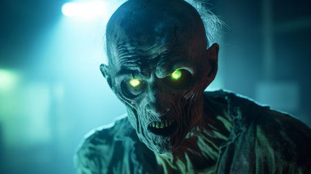 a zombie with green eyes is captured in a close-up shot, set in a dark room. the image is styled in the solarizing master technique, showcasing a unique blend of taxidermy and suburban ennui. volumetric lighting adds depth to the composition, while the overall aesthetic reflects elements of grandparentcore and exacting precision. ai generatedの素材