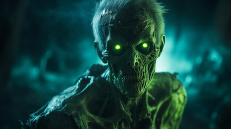 a green skeleton, resembling the style of the tokina at-x 11-16mm f/2.8 pro dx ii lens, stands behind a camera in a dark environment. the close-up shot captures the intense atmosphere, showcasing the hyper-detailed and realistic renderings by artist greg olsen. this unique image embodies the concept of "grandparentcore.", ai generatedの素材