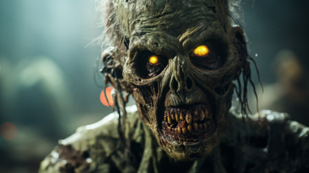 zombie man with piercing eyes and an amulet, showcasing the stunning character design in the style of unreal engine 5. the intense close-ups capture the dark yellow and light green tones, creating a visually striking image. with edgy political commentary, this photo embodies a thought-provoking narrative. shot with the sony fe 24-70mm f/2.8 gm lens, the dark gray and bronze color palette adds depth andの素材