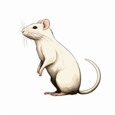 a white rat stands on a white background, reminiscent of golden age illustrations. the dark white and light amber tones create a realistic animal portrait, while the light beige and magenta accents add a touch of illustration. ai generatedの素材