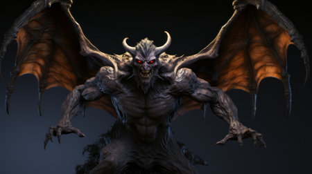 an evil demon with raised horns and a menacing expression, rendered in unreal engine with highly detailed realism. the dark and foreboding colors enhance the organic and flowing forms of the demon. the image showcases meticulous detail and a thick texture reminiscent of ps1 graphics. ai generatedの素材
