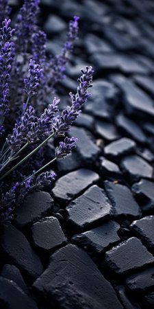 french lavender blooms in a stunning garden, contrasting against the cobblestone floor. this close-up, matte photo captures the beauty of the dark composition. the cracked and burnedcharred elements add a symbolic touch to the fragmented advertising landscapes. ai generatedの素材