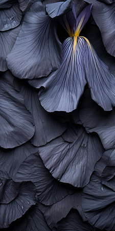 a close-up shot of a black and purple flower with creased, crinkled, and wrinkled layered textural surfaces. the dark gray and navy colors add depth to the organic nature-inspired forms. the photo captures the sculptural costumes and unique aesthetic achieved through scanner photography. ai generatedの素材