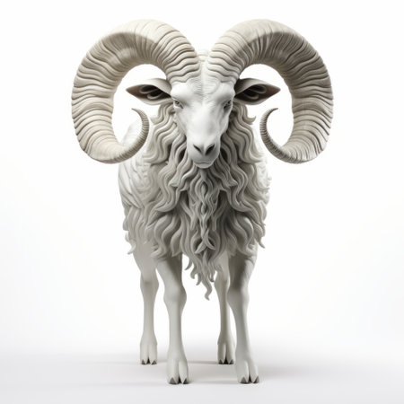 a white ram sculpture with long horns and a single horn, created in the style of daz3d, featuring minimal retouching. this captivating artwork showcases alchemical symbolism and has been captured in high-resolution 8k quality. the punctuated caricature and symmetrical design make it a visually striking piece, reminiscent of a national geographic photo. ai generatedの素材