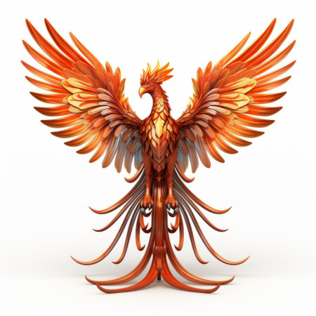 a 3d red phoenix is showcased in this free download, featuring a distinctive character design with a light orange color scheme. the metallic etherialism adds a unique touch to the symmetrical and highly detailed illustrations. the character design is intricate and showcases elements of hurufiyya art. ai generatedの素材