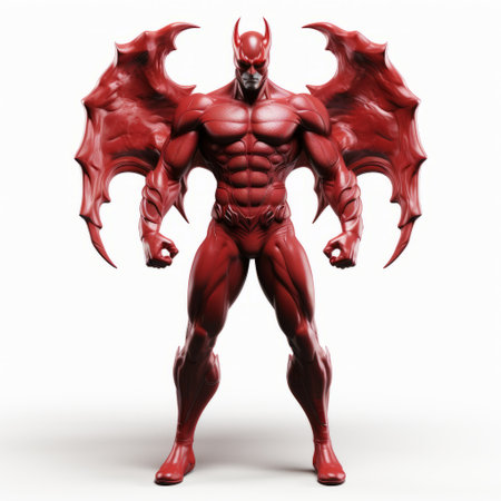 a red devil figure with wings is depicted on a white background in this vray tracing style photograph. the bold colors and strong lines bring out the captivating essence of suburban ennui. this image embodies the themes of changelingcore and dc comics, with dark pink hues adding a touch of realism to the human figures. ai generatedの素材