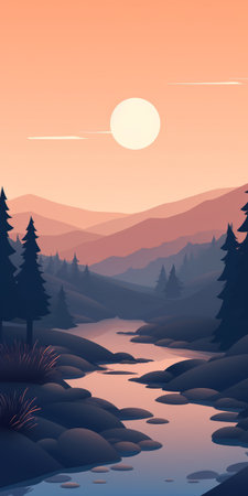 a graphic design-inspired illustration of a serene forest landscape at sunset. the image showcases a majestic tree and a flowing river, surrounded by mountainous vistas. the color palette features light maroon and dark blue tones, creating a tranquil atmosphere. the artwork exhibits busy yet detailed environments, with soft tonal transitions and a captivating atmospheric perspective. ai generatedの素材