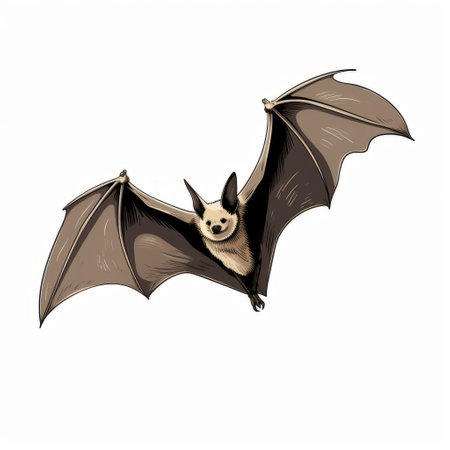 a bat in flight is depicted in this drawing illustration, showcasing a bat silhouette against a light beige and brown background. the artwork is created in a colored cartoon style, combining elements of hyperrealistic animal portraits. the bold character design draws inspiration from bugcore and artists like fang lijun and kuzma petrov-vodkin. ai generatedの素材