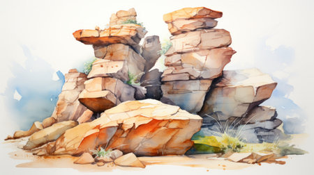 watercolor sketch of a rock formation, inspired by emilia wilk, ndebele art, carolyn blish, and brent heighton. this artwork captures the essence of romanticized depictions of wilderness, reminiscent of large-scale paintings. the use of polychrome terracotta adds depth and vibrancy to the isolated white background. ai generatedの素材