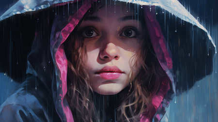 a girl wearing a hoodie stands in the rain, captured in a realistic hyper-detailed portrait. the image showcases a color palette of dark pink and light magenta, with a resolution of 32k uhd. the artwork is created by a hard edge painter and is reminiscent of editorial illustrations. the girl's serene face contrasts with the dark sky-blue and light magenta tones. ai generatedの素材