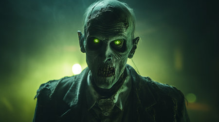 a high-definition wallpaper featuring zombies in the style of olympus m.zuiko digital ed 45mm f/1.2 pro and petzval 85mm f/2.2 lenses. the intense portraiture showcases a dark silver and light green color scheme, creating a luminous atmosphere. perfect for halloween, this wallpaper is captured with a canon eos 5d mark iv. ai generatedの素材