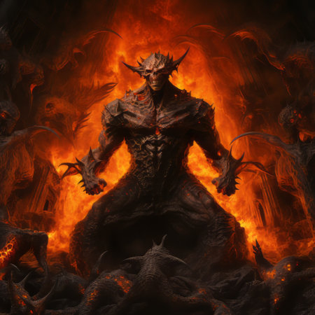 the "demon of rlliar" wallpaper, created by goroslav jol savastiro (148988932), showcases a mesmerizing blend of the burnedcharred and sam guay styles. this realistic hyper-detailed rendering features majestic figures with contoured shading, reminiscent of sergey musin's work. the symmetrical chaos adds an intriguing element to this captivating piece. ai generatedの素材