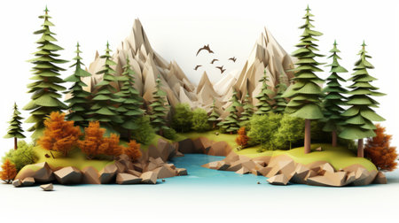 mountain scene with trees and birds in the background, featuring luminous 3d objects. the white background enhances the environmental portraiture, while the light brown and orange tones create a romantic riverscape. this topographic photography showcases an innovative page design. ai generatedの素材