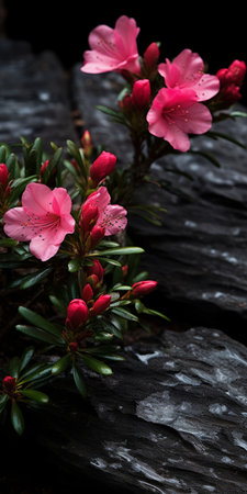 pink flowers growing in the norwegian nature, captured with the sony fe 12-24mm f/2.8 gm lens. the photo showcases a striking contrast between the bold color of the flowers and the dark silver and dark emerald tones of the rough hewn surfaces. the intertwining materials add depth and texture to the composition, creating a visually captivating image. ai generatedの素材