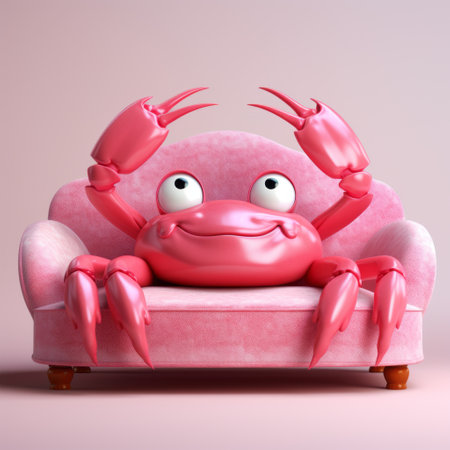 a crab is depicted in this 3d illustration, sitting on a couch. the illustration is done in a pink, theatrical style, with exaggerated gestures. it falls under the category of kombuchapunk and showcases a unique depiction of animals. the artwork has an anti-gloss aesthetic and was developed using the caffenol method. ai generatedの素材
