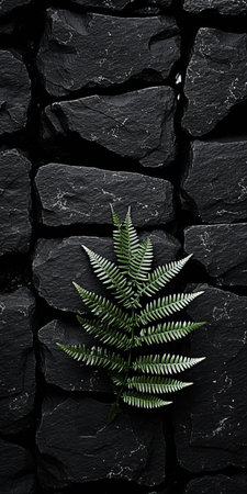 fern growing on black shingle, tabletop photography, visually tactile surfaces, sustainable design, voigtlander bessa r2m, dark gray and black, soft focus. ai generatedの素材