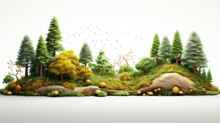 a 3d realistic forest on a mountain background, featuring whimsical multimedia style. the image showcases a minimalist white background with a resolution of 32k uhd. it includes nature-inspired motifs and detailed character illustrations. ai generatedの素材