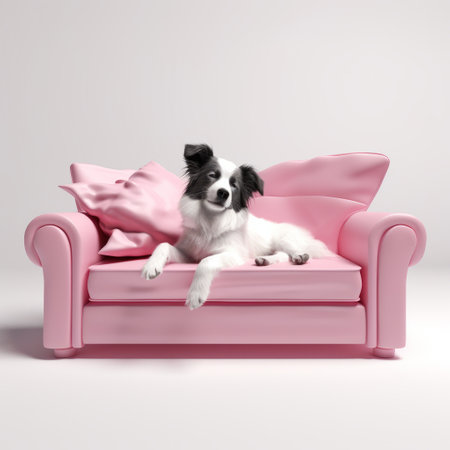 pink couch with dog illustration and background, rendered in maya, in a realistic style. this associated press photo captures a clean and vibrant scene, featuring a zany dog illustration on the couch. the quadratura design adds depth and dimension to the image, while a bone adds a playful touch. ai generatedの素材