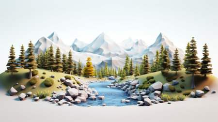 a 3d digital lowpolygon landscape featuring mountains, water, and vegetation. this stunning 3d illustration is created in the style of david nordahl, with light white and yellow tones reminiscent of yanjun cheng's work. the scene captures the essence of whistlerian outdoor scenes, showcasing detailed shading and nature-based patterns. ai generatedの素材