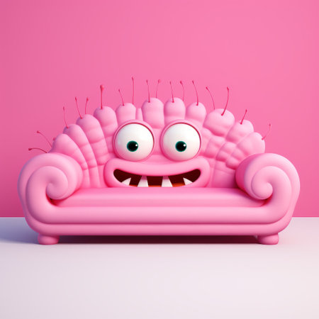 a pink sofa with big eyes, resembling a monster, is showcased in this high detailed, industrial and product design photograph. the sofa is adorned with a fake fur, adding a touch of texture. despite its soggy appearance and low resolution, the biomorphic shape and strong facial expression of the sofa, along with the spiky mounds, create a visually intriguing composition. ai generatedの素材