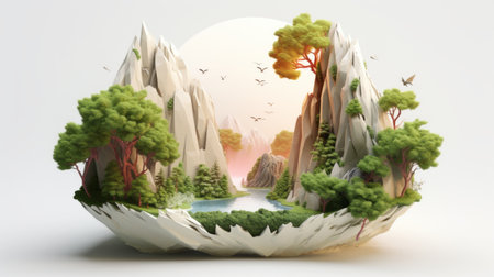 a 3d landscape featuring mountains and trees is depicted in this image. the design draws inspiration from organic nature-inspired forms, incorporating life-like avian illustrations and innovative page design. influenced by ancient chinese art, the image showcases spherical sculptures in light white and light magenta hues. this uhd image captures the beauty of the natural world in a visually stunning way. ai generatedの素材