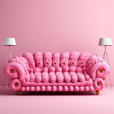 the photo depicts a pink octopus sofa designed in the style of mike campau. this satirical cartoon-inspired piece showcases a hyper-detailed rendering with monochromatic symmetry. the sofa, an everyday object, is rendered in cinema4d, reflecting the unique aesthetic of kimoicore. ai generatedの素材