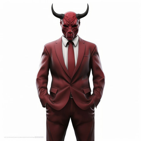 a man dressed in a red suit with long horns stands out in this photorealistic rendering. the dark white and maroon colors add an elegant touch to the highly detailed and high-resolution image. the emotive faces and intricate details, created by artist ben wooten and george stefanescu, make this artwork truly captivating. ai generatedの素材