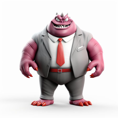 a purple monster, with exaggerated proportions, is depicted in a photorealistic rendering. this satirical caricature, created using zbrush, showcases the monster wearing a suit and tie in a light red and white style. the artwork, inspired by pigeoncore, features a color palette of white and pink. ai generatedの素材