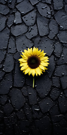 sunflower growing on black shingle, tabletop photography, visually tactile surfaces, sustainable design, voigtlander bessa r2m, dark gray and black, soft focus. ai generatedの素材