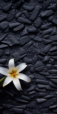 lily growing on black shingle, tabletop photography, visually tactile surfaces, sustainable design, voigtlander bessa r2m, dark gray and black, soft focus. ai generatedの素材