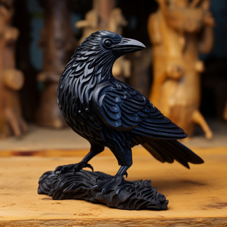 carved wood raven captured in a tabletop photography style, showcasing intricate details of wildlife. this stunning image features the use of precious materials and draws inspiration from the mori kei aesthetic. shot with the samyang af 14mm f/2.8 rf lens, the photograph beautifully combines elements of dansaekhwa and the craftsmanship of a baroque sculptor. ai generatedの素材