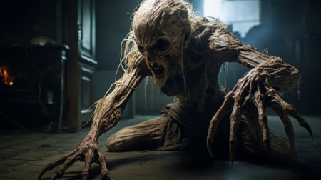 a creature with long legs and a man with a knife are depicted in this gritty reportage-style photo rendered in unreal engine. the image showcases tangled nests and an eerily realistic atmosphere reminiscent of david finch's work. the layered mesh and matti suuronen's influence add depth to the composition. ai generatedの素材