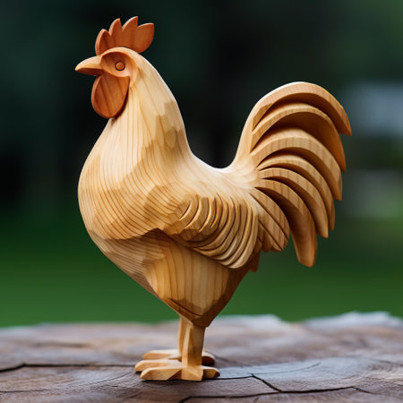 a wooden rooster sculpture sits proudly on a smooth wooden surface, showcasing the intricate craftsmanship of the wood sculptor. this online sculpture captures the essence of traditional artistry, reminiscent of renowned artists like yanjun cheng, fernando amorsolo, and abram efimovich arkhipov. the photograph, taken with fujifilm natura 1600, exhibits excellent focus stacking techniques, highlighting the fine details of the wooden rooster. ai generatedの素材
